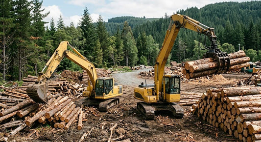Heavy logging equipment powered by hydraulic motors.