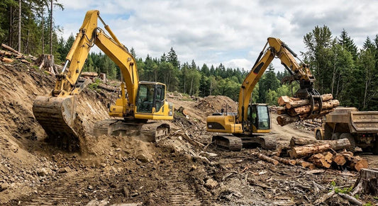 Log grapple and excavator powered by a hydraulic motor.