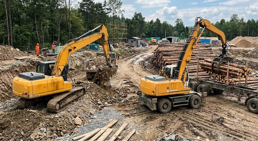 An active construction and logging site with a tracked excavator digging earth and a wheeled log handler moving timber logs.