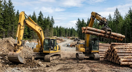 Two hydraulic motor-driven crawler excavators are operating on a forest dirt road; one of them is equipped with a timber grapple.