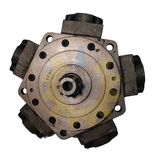 This is a technical diagram of a radial piston hydraulic motor, detailing key components such as the splined output shaft, six radial cylinder chambers, the high-pressure oil port, and the mounting flange.