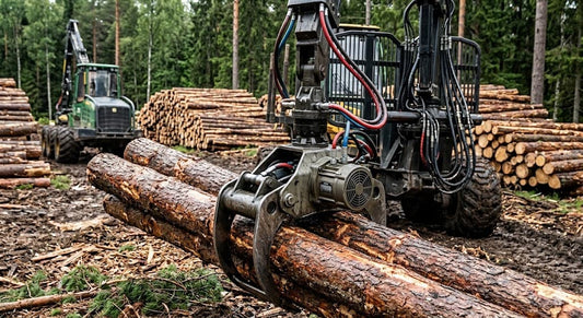 Heavy-duty hydraulic motor with red and blue hoses, powering a timber grapple gripping logs.