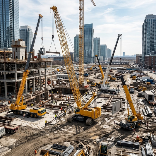 The crane is operating on the construction site, powered by a piston motor.