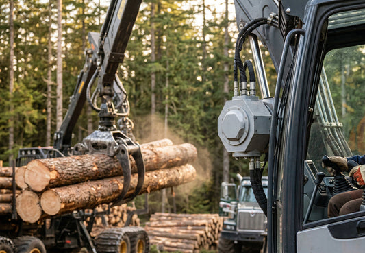 In the pine forest at sunset, large hydraulic log grapples of machines are actively gripping and moving a pile of newly felled logs. Another logging truck can be seen in the distance. Dust rises as the logs are moved.