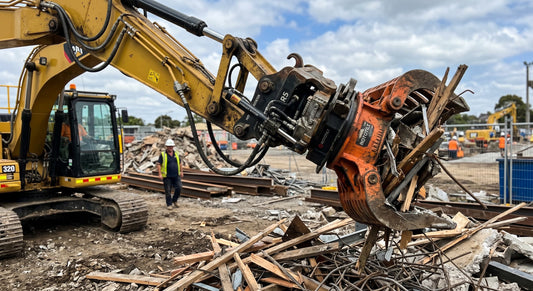 A yellow excavator using a hydraulic rotator and orange grapple to lift demolition debris at a construction site.