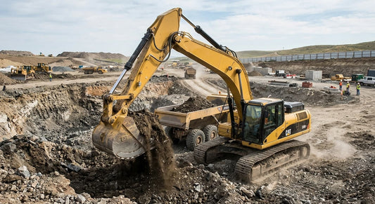 The excavator operates using a hydraulic swing motor and a hydraulic rotator.