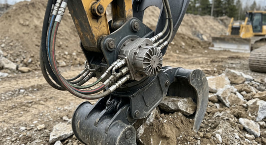 Heavy-duty hydraulic rotators powering an excavator grapple grabbing rocks.