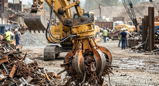An excavator grapple claw holding rusty scrap metal in an industrial yard.
