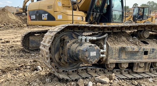 Close-up of an excavator track drive with a hydraulic motor and hoses in mud.
