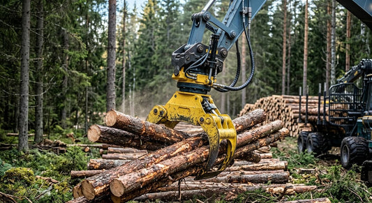 Heavy-duty forestry log grapple with hydraulic rotator lifting timber in a forest.