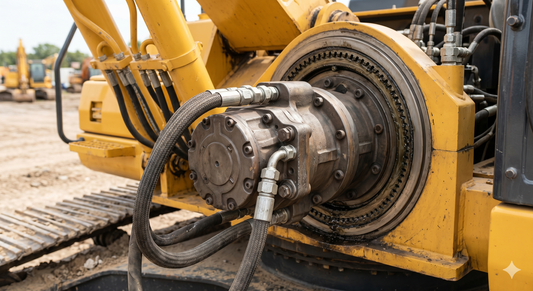 A close-up photograph of a hydraulic final drive motor and planetary gear hub assembly on a yellow tracked construction excavator, featuring prominent braided hoses and bolted connections.
