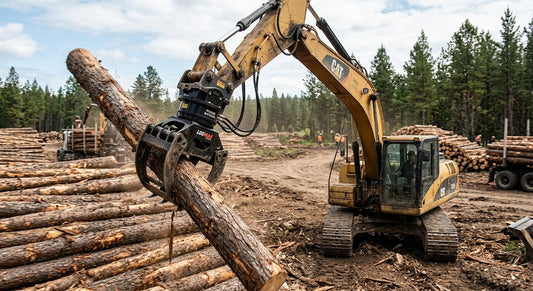 A log grapple equipped with Xincan hydraulic rotators for handling timber.