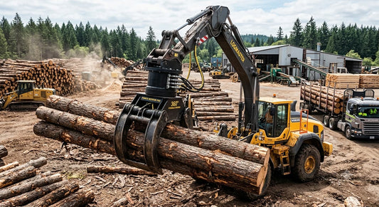 A heavy-duty log grabber is operating in the forest. At the connection between the robotic arm and the grab bucket, a yellow hydraulic swivel unit is clearly visible.