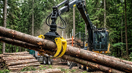 The log grapple, equipped with a hydraulic rotator, is currently engaged in grabbing logs.