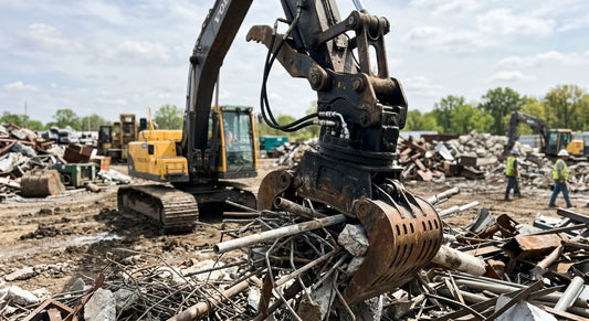 A heavy-duty excavator grapple equipped with a hydraulic rotator handling scrap metal and debris at a work site.