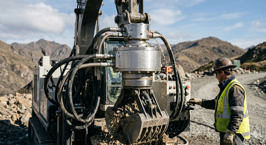 A close-up view of a hydraulic excavator grab bucket filled with dirt and rock, with an operator standing by to manage it, set against an open-pit mine.