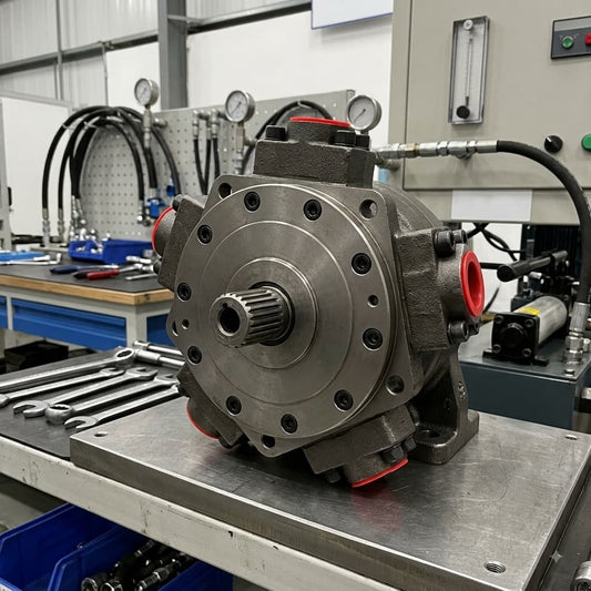A photo of a star-shaped hydraulic pump on an industrial test platform, with a red end cap.