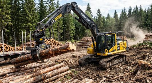 Log grapple paired with a Xincan hydraulic rotator for handling timber.