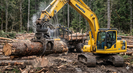 In a muddy forest clearing, a heavy-duty yellow tracked excavator, utilizing a specialized forestry grapple attachment, is using a hydraulic motor to lift and precisely rotate a massive felled log.
