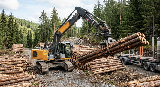 A log grapple equipped with a Xincan hydraulic rotator is in operation.