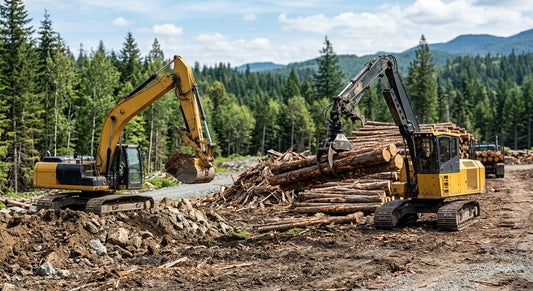 Excavators and log grapples operate using hydraulic motors in forestry.