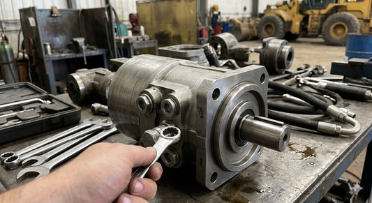 Mechanic adjusting a premium hydraulic rotator on an industrial workshop workbench.