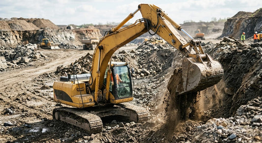A yellow excavator is digging soil at a construction site using a hydraulic motor.