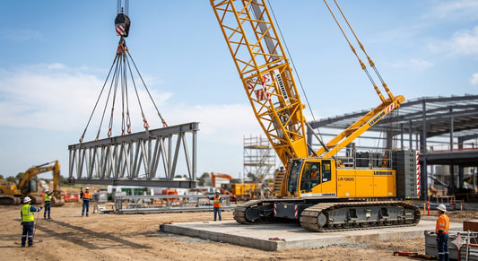 A hydraulic-powered Liebherr LR 1300 crawler crane lifts a massive steel truss beam on a construction site.