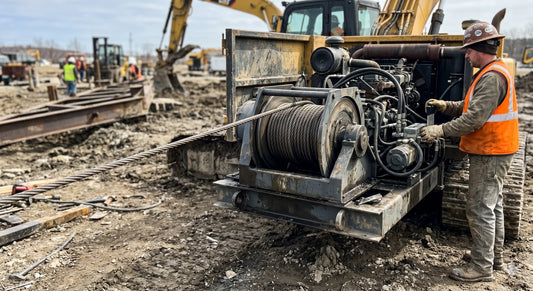 A construction worker in a safety vest operating a heavy-duty hydraulic winch with a tensioned steel cable on a muddy job site.