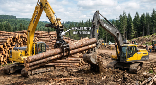 Two excavators operating in a log yard. A label points to the hydraulic motor on the log grapple attachment.