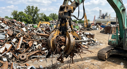 Orange peel grapple handling scrap metal in a scrapyard.