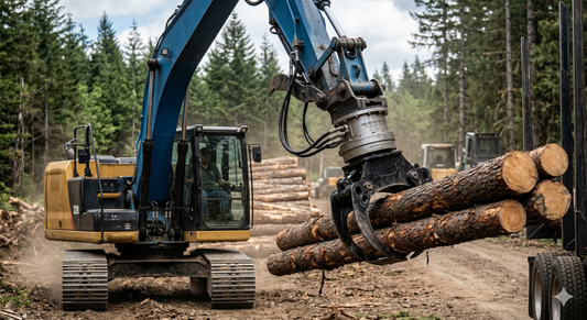A tracked excavator uses a log grapple attachment to move a large bundle of logs in a forest environment.