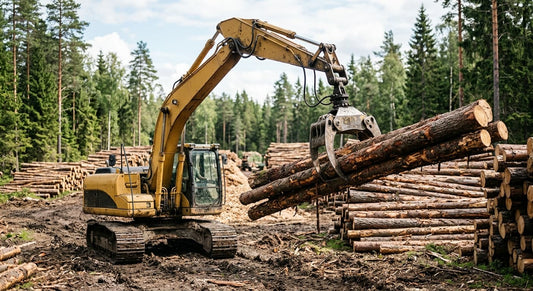 A log grapple operating with a Xincan hydraulic rotator.
