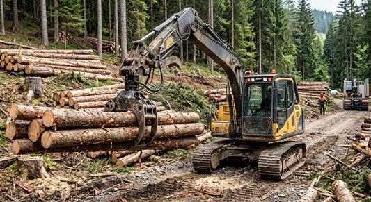 A log grapple operating with a hydraulic rotator.