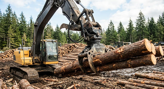 A yellow excavator is grabbing timber at a logging site.
