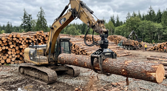 A tracked log loader operates on gravel, its heavy hydraulic grapple clasping a bundle of logs to move them onto a waiting flatbed truck.