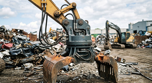 A detailed close-up of a powerful hydraulic rotator assembly, connected by multiple hoses, mounted on an excavator in a scrap yard.