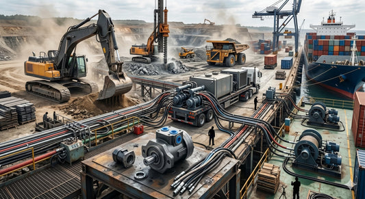 A rugged heavy-duty hydraulic motor mounted on machinery in a busy industrial port, with excavators, cranes, and cargo ships in the background.