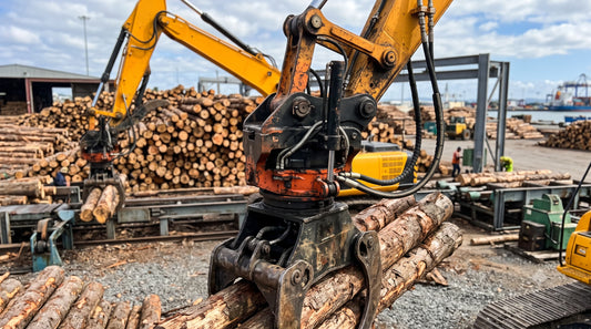 Close-up of an excavator's heavy-duty hydraulic rotator actively turning a grapple holding wood logs in a lumber yard.