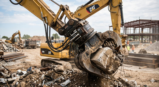Heavy-duty Hydraulic Rotator on a CAT excavator grapple rotates a large block of debris.