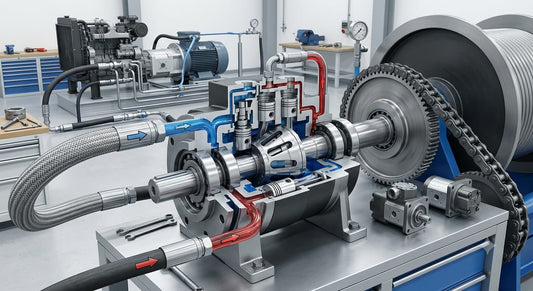 A cutaway view of a hydraulic axial piston motor, showing its internal structure and workshop setup.