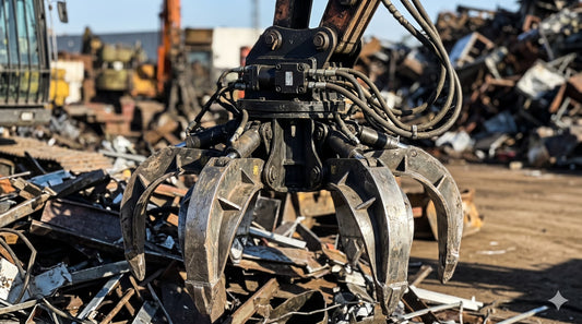 Heavy-duty orange peel grapple powered by a hydraulic rotary motor in a scrap yard.