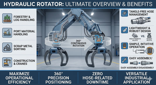 Infographic overview of a hydraulic rotator featuring 360-degree continuous rotation and tangle-free design for heavy machinery.