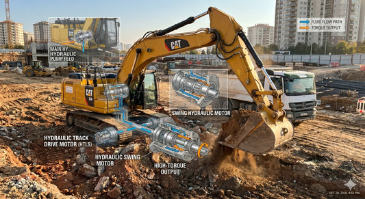 An exploded view of a Caterpillar excavator illustrates the operating principles of its hydraulic system. Blue and orange arrows indicate the paths of fluid and torque, demonstrating the functions of the hydraulic motors and pumps.