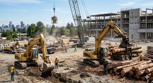 An active construction site featuring hydraulic-powered heavy machinery, including an excavator digging earth, a tall crane lifting materials, and a log grapple handling timber.