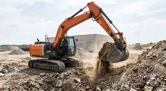 Excavator with visible hydraulic motor and cylinder systems.