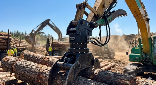 A hydraulic rotator attached to an excavator arm, mounted on a wood grapple.