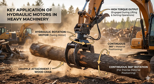 Hydraulic swing motor powering an excavator wood grab.