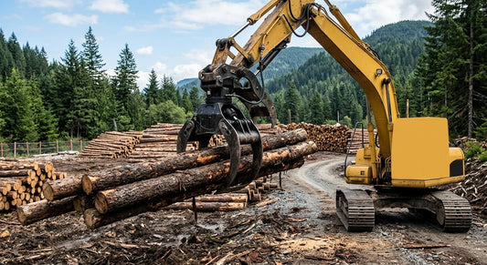 Log grapple equipped with a Xincan hydraulic rotator for handling timber.