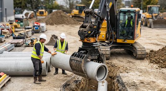 Excavator lowering a concrete pipe into a trench, guided by two workers.